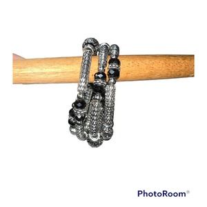 Women's Silver  Wrap Bracelet Coiled with Black Rhinestones  Beads